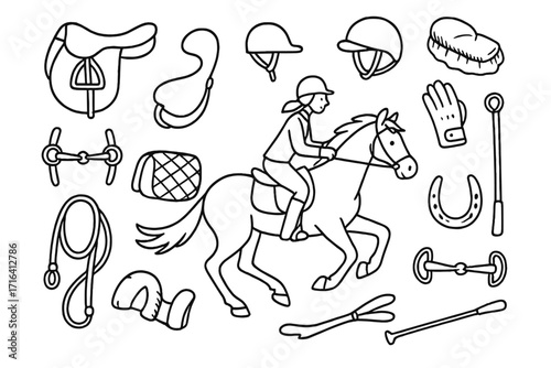 Equestrian sport doodle set. Horseback riding line art icons. Vector cartoon illustration of horse, rider, saddle, helmet, horseshoe, whip, brush, gloves, and tack elements.