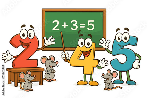 Fun math education with cartoon number characters teaching in a classroom. Cute mice as students learning addition from a chalkboard. School lesson vector illustration for children.