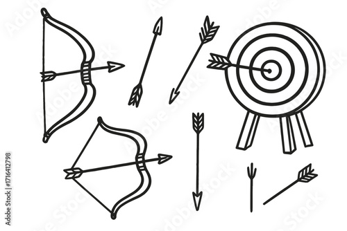 Archery doodle icon set. Hand-drawn bow, arrow, and target. Bullseye hit concept for goal, aim, and success. Black and white vector line art illustration for sport or business.