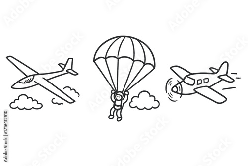 Air sports icons set. Hand drawn doodle style illustration with glider, skydiver with parachute and propeller airplane. Vector cartoon concept for aviation and extreme sports.