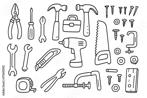 Hand-drawn workshop tools set in doodle style. Vector illustration of construction and repair instruments. Carpentry and DIY icons collection. Hammer, saw, wrench, drill.