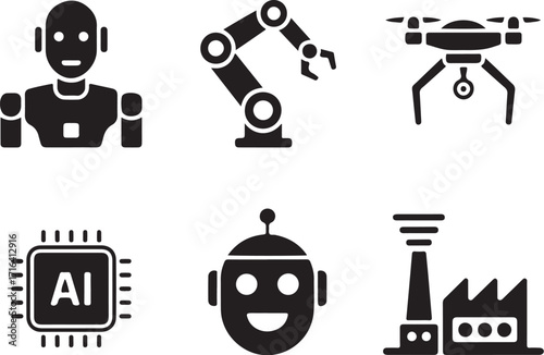 Robots AI drone factory icons for tech innovation