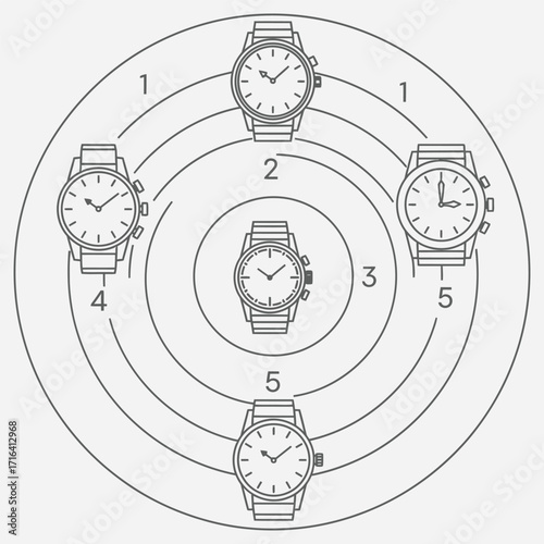 Five timepieces arranged in concentric circles on a white background, depicting a circular motif