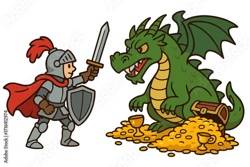 Brave knight with sword and shield fighting a fierce dragon. Medieval fantasy scene. Cartoon hero battles monster for treasure and gold. Fairytale adventure vector illustration.