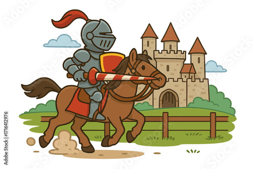 Medieval knight in armor riding a horse with lance and shield. Jousting tournament concept. Cartoon vector character illustration with castle background. Fairytale history.