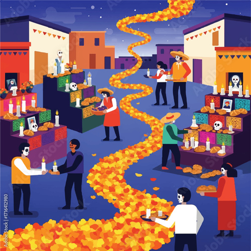 Celebratory illustration of Dia de los Muertos, featuring altars, people, and marigold path.
