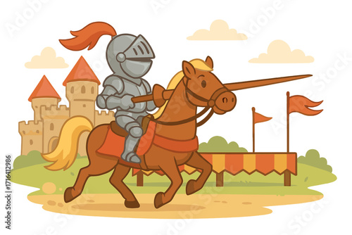 Brave knight in full armor riding a horse at a medieval jousting tournament. Cute vector cartoon character with a lance near a fairytale castle. Chivalry and history concept.
