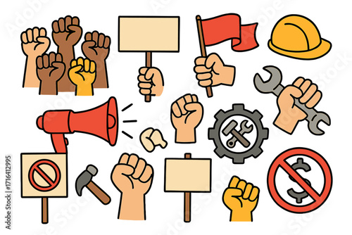 Labor Day protest doodle set. Worker rights demonstration with raised fists, signs, and tools. May Day rally cartoon icons. Activism, union strike, and revolution symbols.