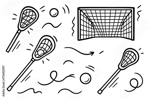 Lacrosse sport doodle icon set with stick, ball, and goal net. Hand drawn vector illustration of team game equipment. Black and white line art sketch graphic elements.