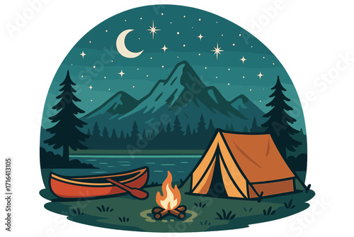 Camping scene at night with tent, campfire, and canoe by a lake. Mountain landscape under a starry sky. Outdoor adventure, travel, wilderness concept. Vector illustration.