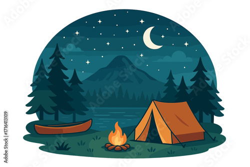Serene camping scene at night with tent, campfire, and canoe by a lake. Mountain landscape under a starlit sky. Outdoor adventure and travel concept. Vector illustration.