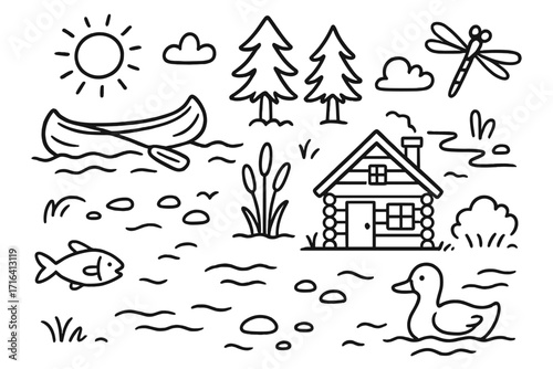 Hand drawn riverside icon set. Doodle camping and outdoor adventure elements. Vector collection with cabin, canoe, wildlife, fish, duck. Nature vacation line art illustration.