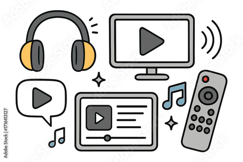 Streaming media doodle icon set. Vector cartoon illustration of multimedia entertainment elements. Headphones, TV screen, remote control, tablet for online video and audio.