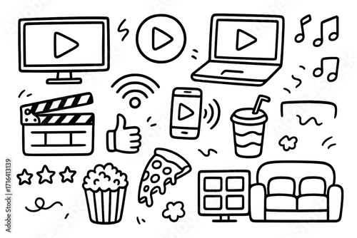 Streaming media doodle collection. Hand-drawn vector icon set for digital entertainment, binge-watching culture, and movie night at home. Isolated cartoon illustration symbols.