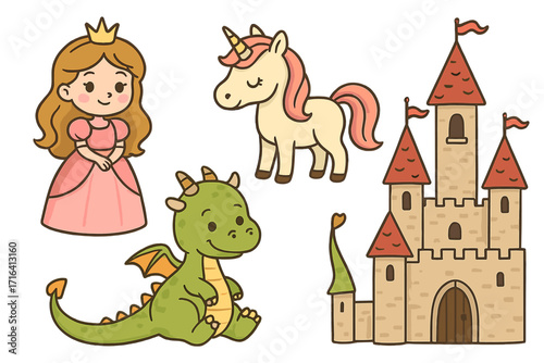 Whimsical fairy tale vector set. Cute princess, magic unicorn, baby dragon, and fantasy castle characters. Cartoon illustration collection for children's storybook design.