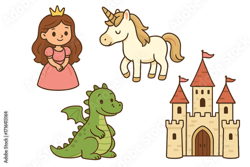 Cute cartoon fairy tale set with princess, unicorn, dragon, and medieval castle. Magical fantasy characters collection for kids. Whimsical vector illustration elements.