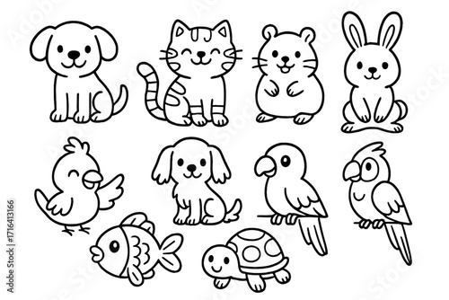 Cute pets collection for kids coloring book. Kawaii cartoon animals line art set. Dog, cat, rabbit, bird, fish, turtle, hamster icon pack. Vector illustration outline.
