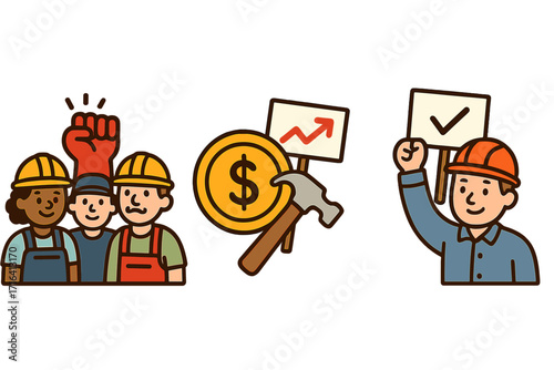 Labor day icon set with union solidarity fist, fair wages, and workers' rights. Vector cartoon illustration of protest, collective bargaining, and fair pay for employees.