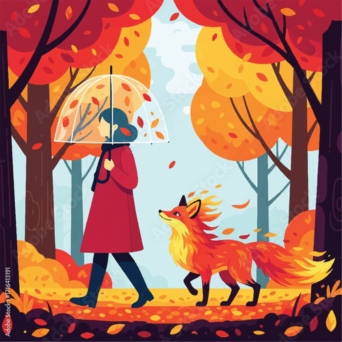 A person walks with a fox in an autumn forest, holding a transparent umbrella.