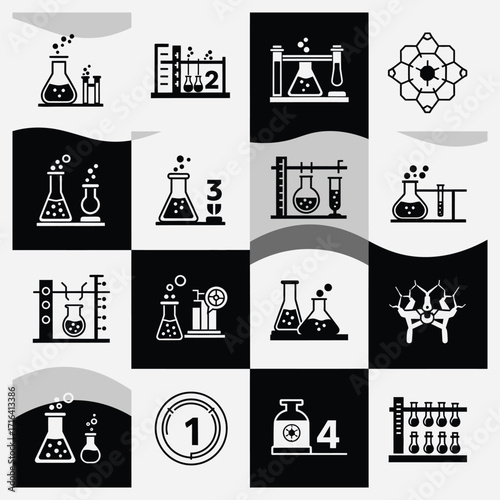 Dynamic assortment of scientific laboratory equipment icons depicting various chemical experiments and research processes for educational and professional projects
