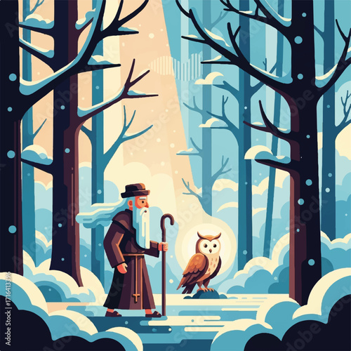 An illustration depicts a wise old man and owl in a snowy forest, illuminated by a beam of light.