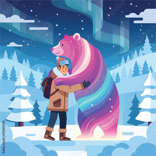 A warmly dressed person embracing a colorful bear under the vibrant Northern Lights.
