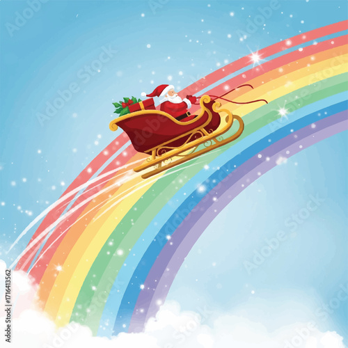 Santa Claus rides his sleigh across a vibrant rainbow in a whimsical, festive scene.