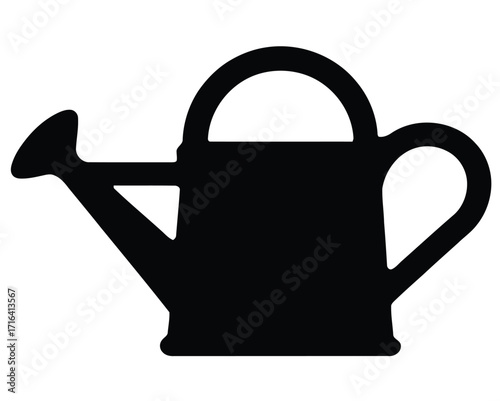 Simple black silhouette icon of a classic watering can for gardening on a white background