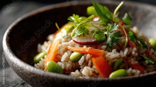 A vibrant bowl of rice mixed with colorful vegetables and fresh herbs, showcasing a healthy and appetizing dish.