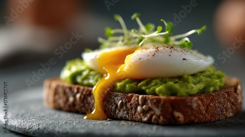 A beautifully plated dish featuring poached eggs on avocado toast, garnished with microgreens, showcasing vibrant colors and textures.