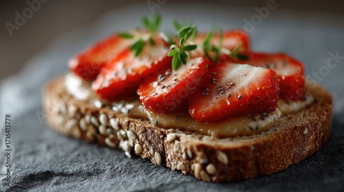 A fresh slice of whole-grain bread topped with sliced strawberries and a sprinkle of herbs, showcasing a delightful and healthy snack option.