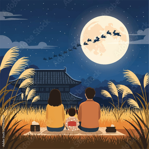 A family enjoys a picnic, gazing at the full moon and rabbits flying across the night sky.