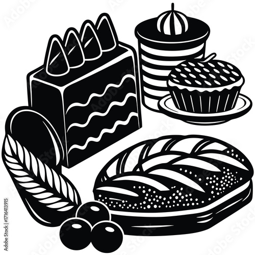 Artistic illustration of freshly baked bread and sweet cakes perfect for bakery advertisements and menus