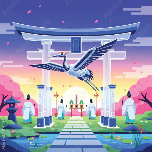 A stylized illustration depicts a crane flying over a traditional Japanese shrine, with figures.