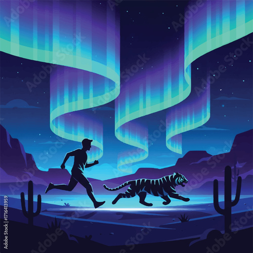 A stylized illustration depicting a person running from a tiger under the aurora borealis in a desert landscape.