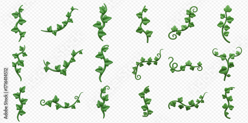 Collection of fifteen green ivy vines and tendrils in various shapes and orientations on a transparent background.
