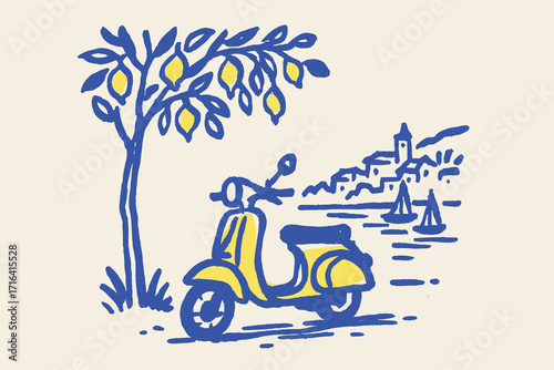 Lemon tree with coastal town Amalfi Sicily sketch vector illustration
