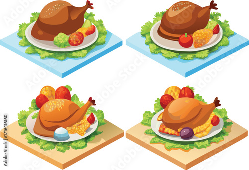 Roasted turkey collection. Thanksgiving table decorations. Vector illustration.