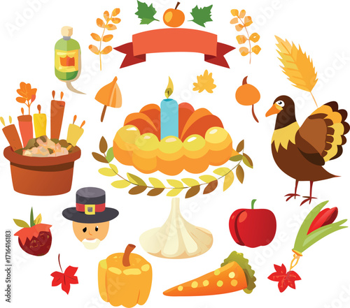 Cake and food. Thanksgiving table decorations collection. Vector illustration.
