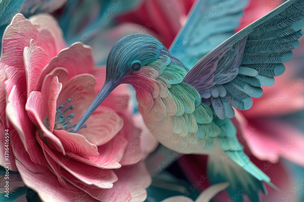 Obraz premium A hummingbird delicately feeds from a vibrant, layered rose flower, showcasing intricate details and soft color gradients.