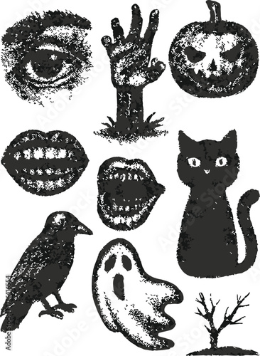 Creepy Halloween collage elements with vintage stippling photocopy effect. Eye, mouth, zombie hand, pumpkin jack, raven, ghost, cat with experimental grunge dotted texture. .eps
