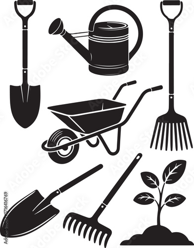 Gardening tools and plant silhouette for growth concept