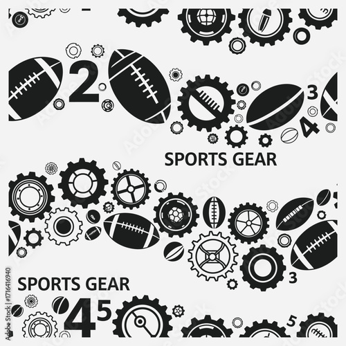 Symbolic fusion of industrial machinery gears and footballs representing the mechanics of team sports