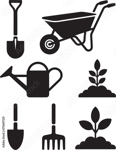 Garden tools and plants for planting and growth