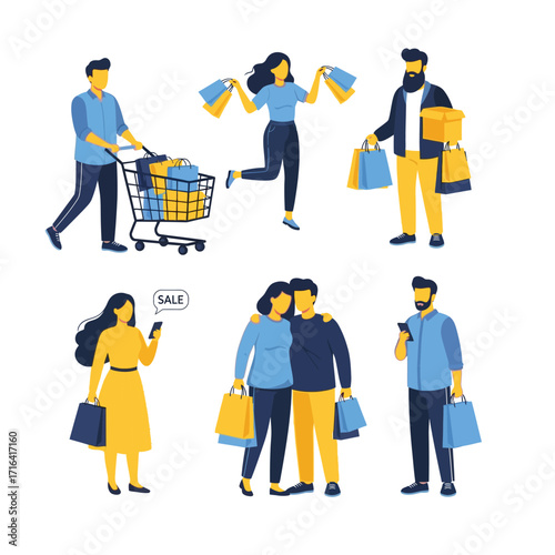 Diverse Shoppers Enjoying Retail Therapy and Online Shopping Sales Promotions With Bags and Packages Vector Illustration Isolated on White Background