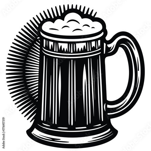 Classic beer mug with frothy head and condensation perfect for beverage and bar promotions