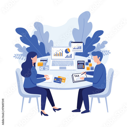Professional financial planning and tax preparation meeting with data analysis and credit cards for modern business investments