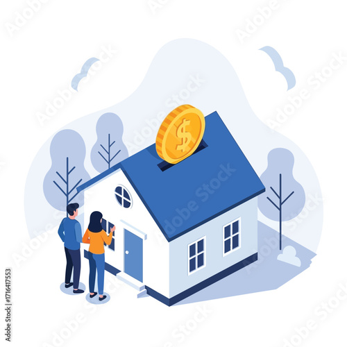 Couple saving money for their dream house investing in real estate and financial planning with a coin going into a house shaped piggy bank for future security and home ownership