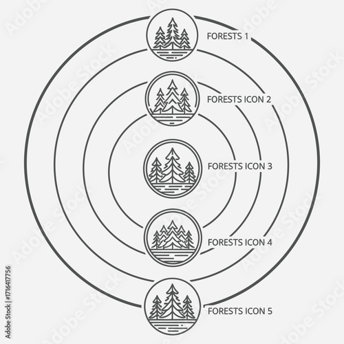 A versatile set of five minimalist forest icons, featuring pine tree landscapes in a clean line art style, perfect for nature-themed logos or emblems