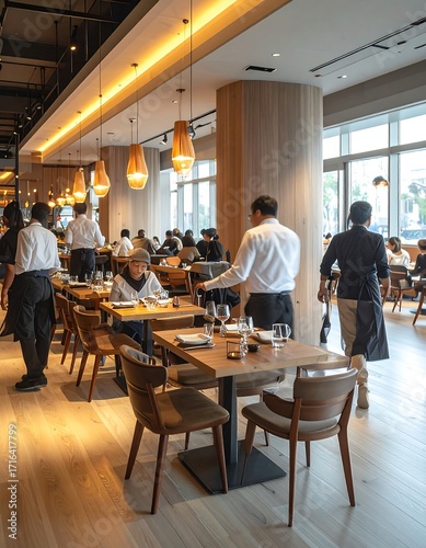 Modern restaurant interior with staff and diners